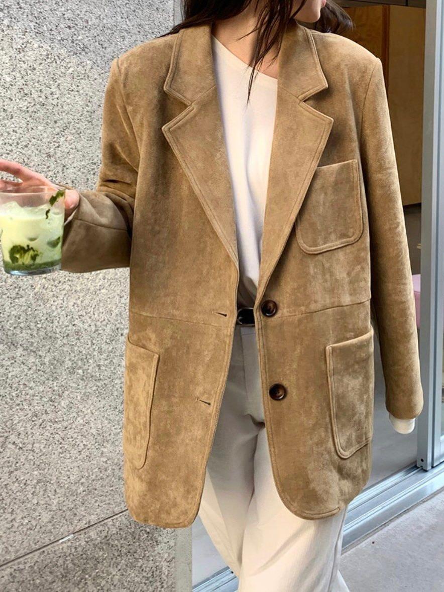 多口袋雙扣麂皮西裝外套
